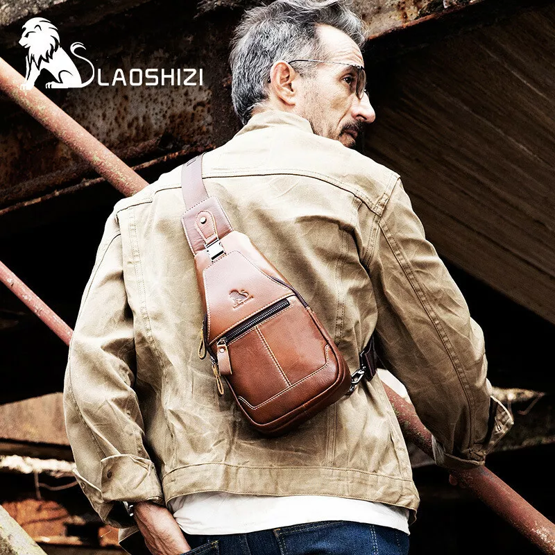 Men's Genuine Leather Sling Chest Bag Crossbody Bag Multiple Pocket  Shoulder Bag