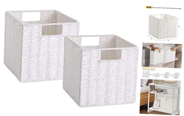 Wicker Storage Baskets, Set of 2 Hand-Woven Paper Rope 9'' x 9'' x 9'' White