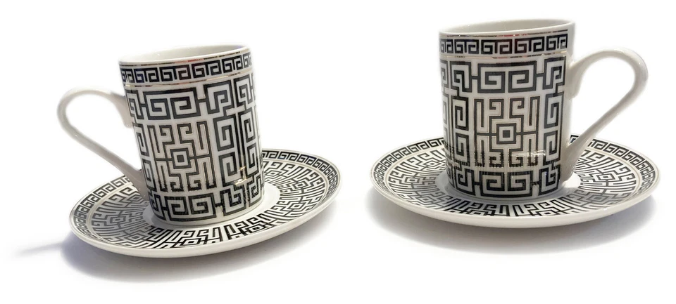 NUEVO B/W Llave Griega Diseño de Dos Huesos China Juegos de Espresso de 2 Piezas con Acentos Dorados Foto 4 de 4