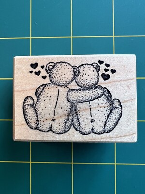 PSX D-449 Teddy Bear Couple Love Hearts Valentine s Wood Mounted Rubber Stamp