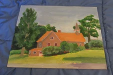 Painting of Residential Church Acrylic Slate Board; 12" x 15", Artist Unknown