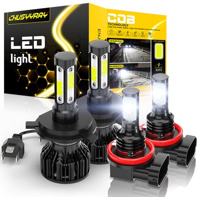 4pcs H4/9003+H11 LED Headlights High/Low Bulbs + Fog Light Bulbs White 6000K Kit