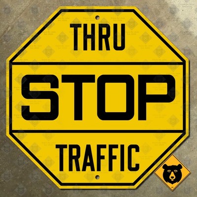 United States yellow STOP thru traffic highway road street sign 1927 12x12