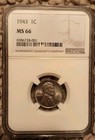 1943 D Lincoln Steel Cent certified NGC MS 66 Die Break Not Marked On Label — photo 1
