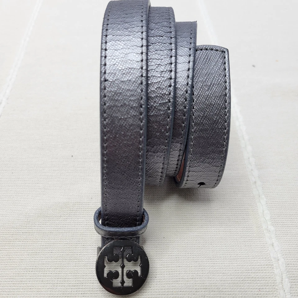 Tory Burch Thin Crackle Silver Leather Belt S Black Logo Buckle Fits 33"–38" USA - Image 4 of 4