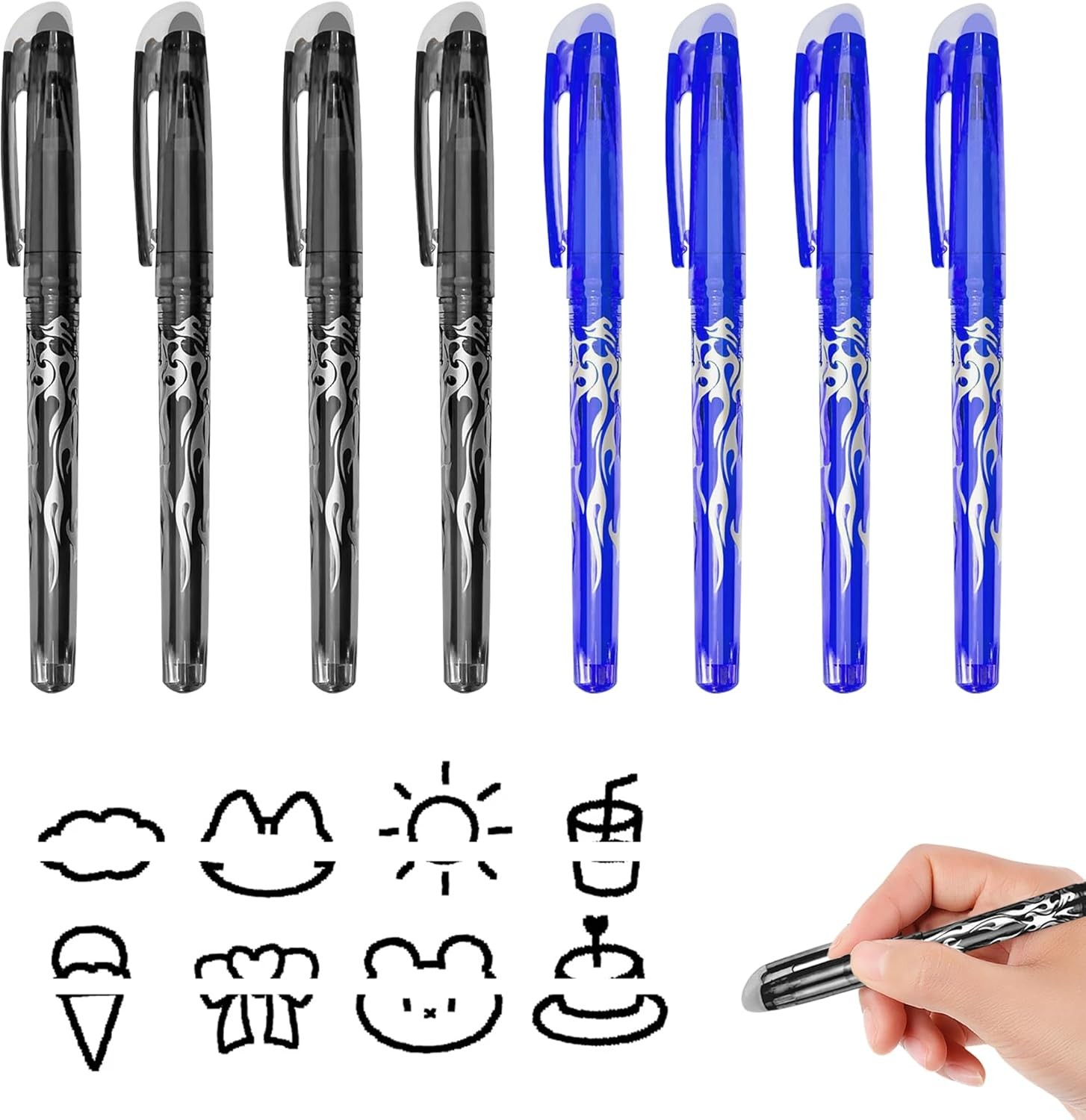 Erasable Pens Black and Blue, 8pcs Erasable Pens Friction Pen with Eraser, 0.7m