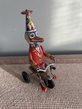 1940's Schylling Duck On Trike Tin Wind Up Toy Spinning Propeller Head with Key