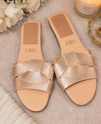 Zara Women s US 7 Slide Sandals Leather Gold Beige Straps Slip-On Logo