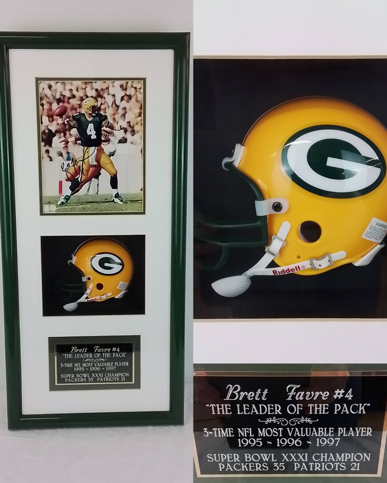 Brett Favre Autographed Signed Green Bay Packers Authentic Hologram Sticker w/ Mini Helmet Framed 30x14 #J2894 