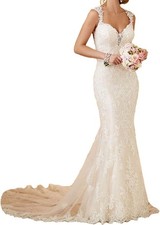 Mermaid Lace Applique Backless Wedding Dress Backless with Train Boho Bride Gown