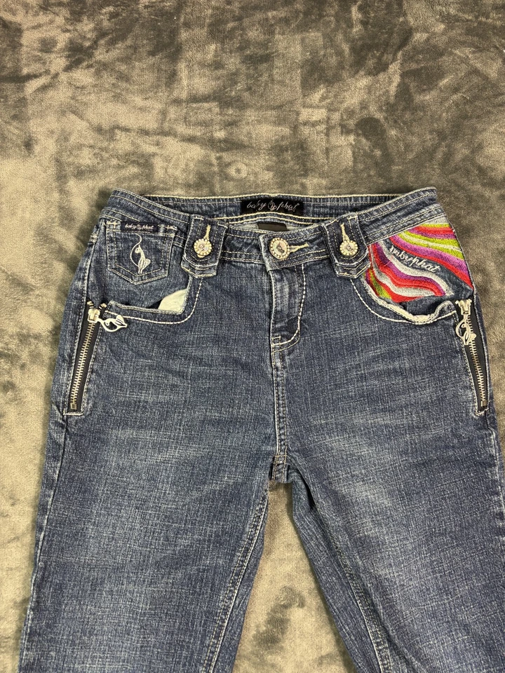 Pantalones de mezclilla vintage Baby Phat niñas 14 azules bordados bolsillos arco iris ropa de calle Y2K Foto 2 de 4