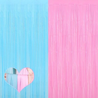 Pink Blue Foil Fringe Curtain Backdrop Gender Reveal Decor 3.2x8.2FT 4 PCS