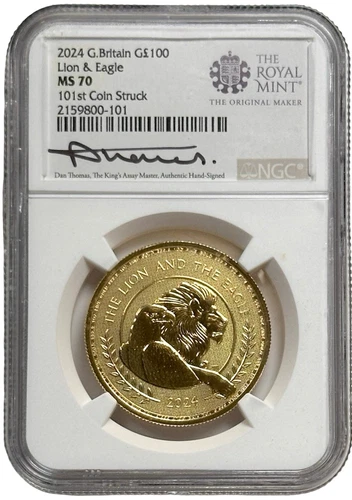 2024 Great Britain 100 Pound Thomas Signed Lion & Eagle 1 oz Gold Coin NGC MS 70