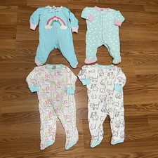 Lot Of 4 Girls Footed Pajamas Dotted Floral Animal Print Sz 0-3 Months