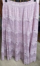 Vintage 80s Lilac Eyelet  Floral Appliqu  Midi 30" Skirt - Sz M/L