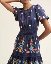 💕 $168 ANTHROPOLOGIE SOMERSET FLORAL EMBROIDERED BLUE MINI DRESS NEW PETITE XL