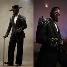 Pearls Suits for Men Regular Fit Wedding Tuxedos Peak Lapel Beading Rhinestone