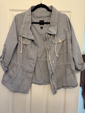 Gap Women s Blue/White Striped Button Front Collared Drawstring Jacket M