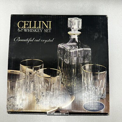 Cellini 5- Piece Crystal Whiskey Set 24 KTS Gold Made in Italy - Unused   in Box