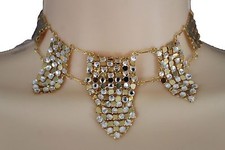 Women Gold Mesh Metal Fashion Edgy Choker Necklace Silver Rhinestones Earrings