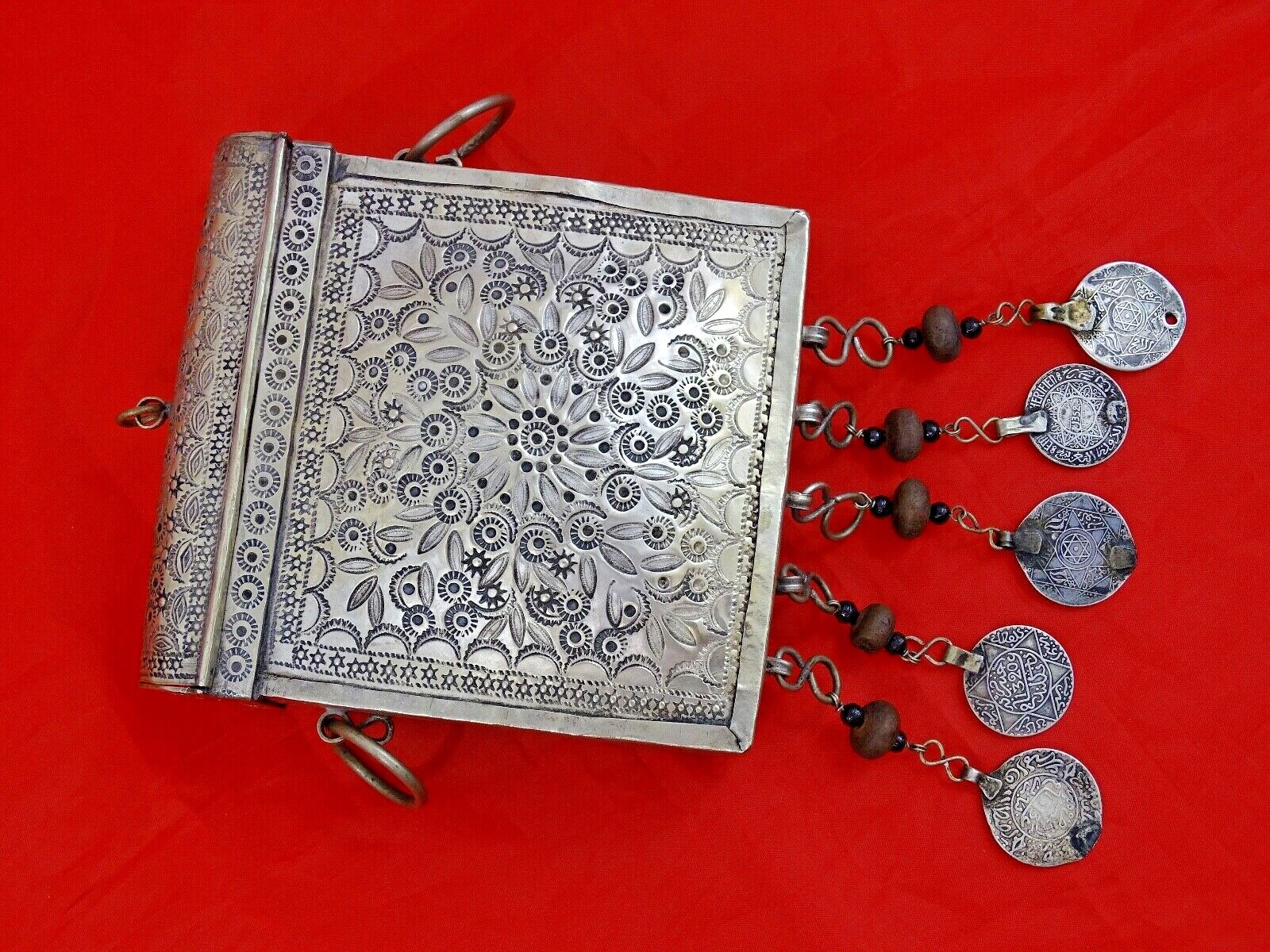 RARE ANTIQUE SILVER CARTRIDGE CASE BOX ISLAMIC MAGHREB MOROCCO coins