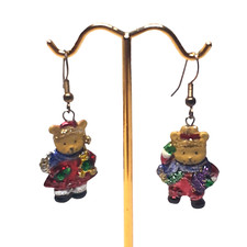 Festive Christmas Earrings Boy and Girl Bears Pierced Brightly Colored Sparkled