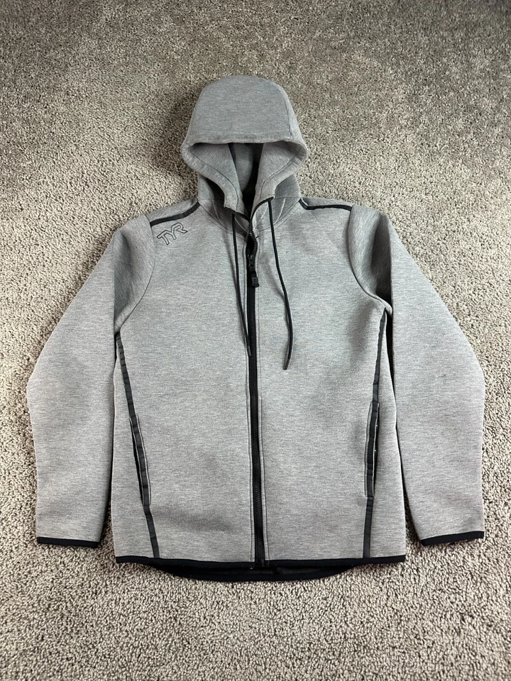 TYR Hoodie Mens Small Gray Black Trim Technical Full Zip Drawstring Casual - Image 2 of 4