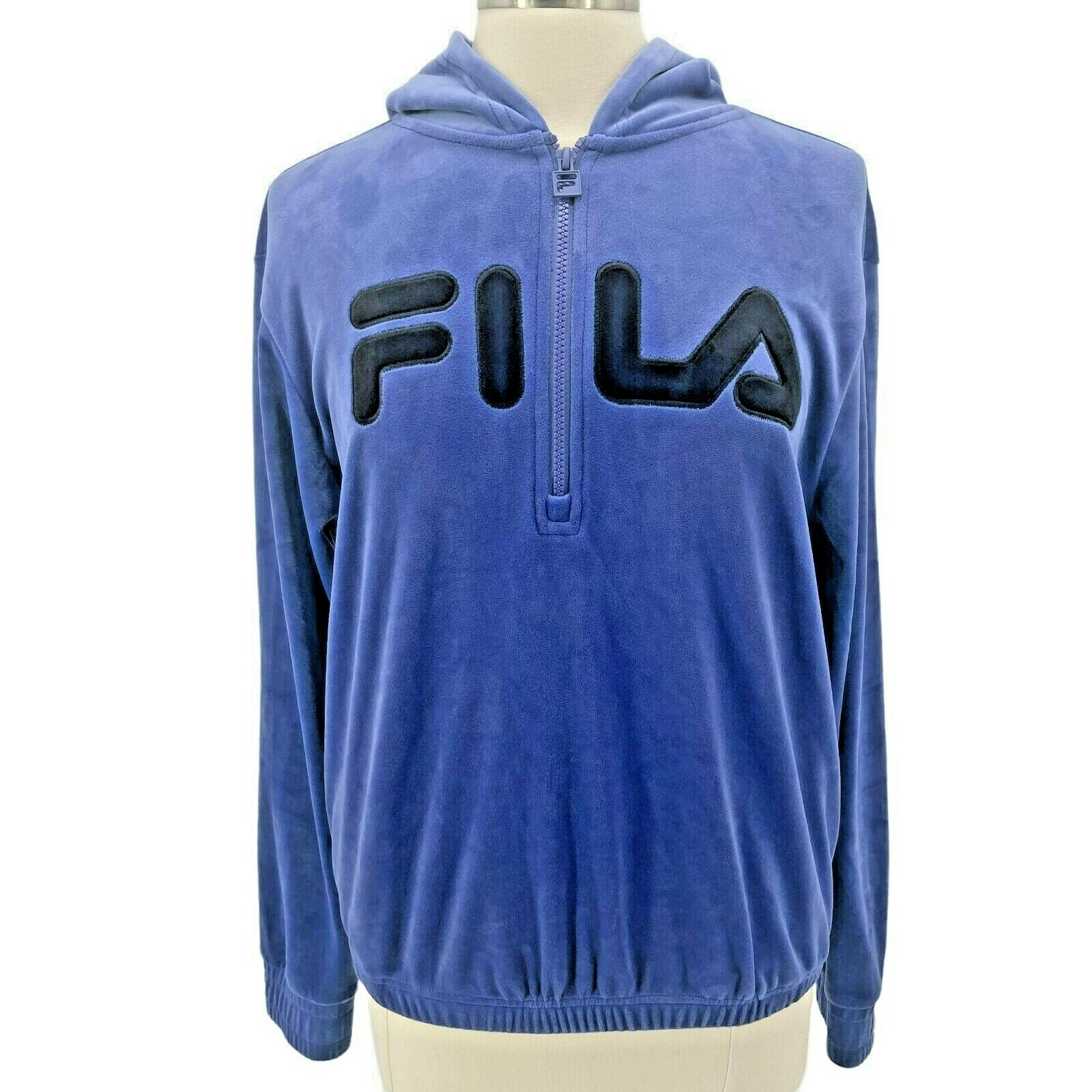 Felpa con cappuccio FILA velluto 1 4 cerniera logo blu donna media