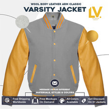Varsity Letterman Jacket For Men Women  Kids Gray Wool Body Gold Sleeves