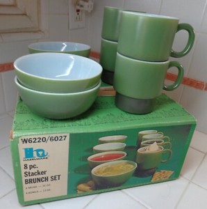 Vtg Hazel Atlas Hazelware 8 Pc Stacker Snack Set in Box Avocado Green Hard 2Find