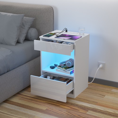 RGB LED Nightstand with Wireless Charging & 2 Drawers Bedroom End Cabinet - Picture 4 of 15