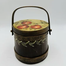Vintage Primitive Wood Wooden Shaker Firkin Sugar Bucket Hand Painted Apples