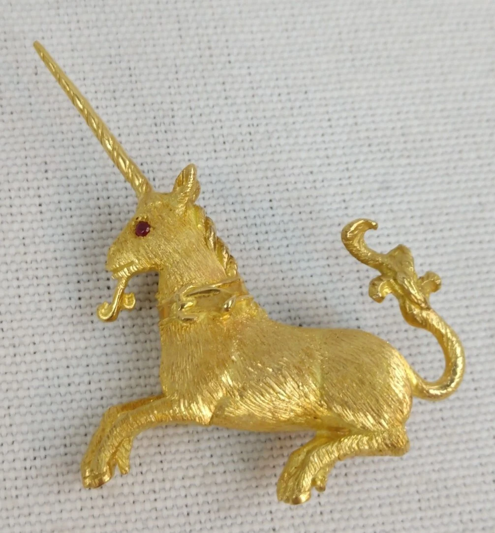 Vintage Estate 18k Yellow Gold Ruby Unicorn Brooch Pin