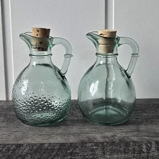 Vintage Green Blown Glass Vinegar & Oil Cruet Bottles with Corks Stamped Canada