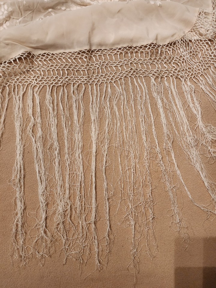 Antique Silk Piano Shawl Scarf Embroidered Floral Rose Fringed Ivory