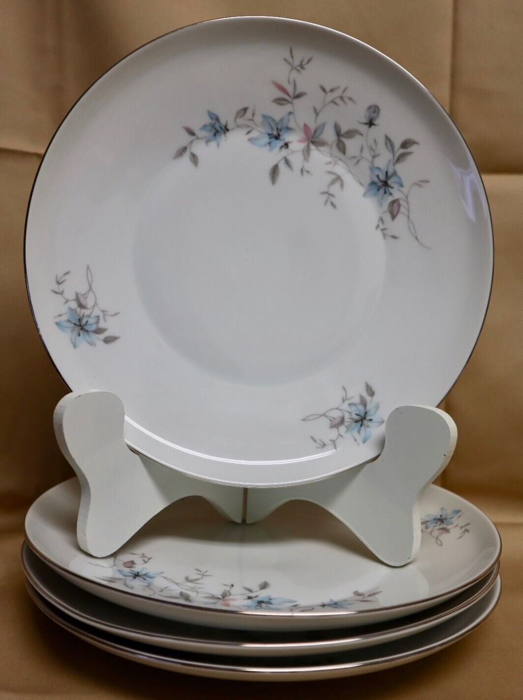 26pc Royal Heiden Society China Platinum Trim Blue Pink FlowersPlates