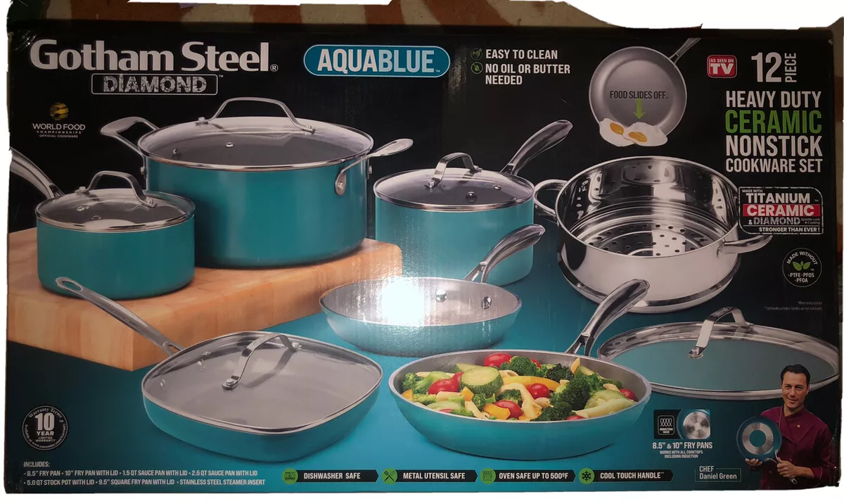 Gotham Steel Aqua Blue 12 Piece Nonstick Cookware Set with Glass Lids BRAND  NEW