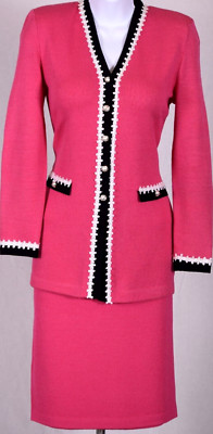 ST.JOHN Women's Knit Pink With Black White Trim Jacket & Skirt Sz 4-6