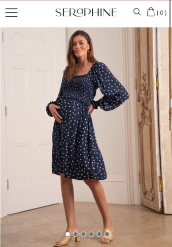 Seraphine Navy Polka Dot Shirred Maternity & Nursing Dress Size 14 - Picture 4 of 14