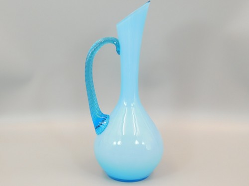 LARGE 11 1/4", 28.5cm ITALIAN EMPOLI BABY BLUE GLASS JUG WITH TWISTED HANDLE.