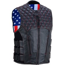 Biker Swat Vest for Men Premium Black Leather Motorcycle Vest  Unique USA Flag