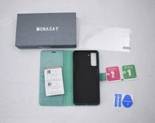 Flip Folio Leather Cell Phone Cover w Card Holder For Samsung S21+ Mint Green