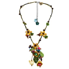 Beautiful Hanging Yellow Floral Garden Genuine Leather & Wood Necklace