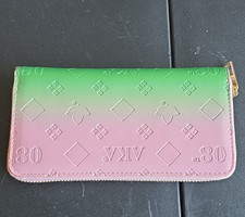 Green Pink Gradient Zip-Around Wallet, Geometric Pattern Bird, Credit Card