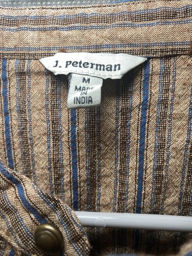 J Peterman Shirt Mens Medium Brown Striped Collarless Cotton Button Up - Picture 7 of 11