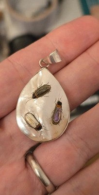 Schöner Shibayama Insekten Anhänger -signiert- Sterlingsilber und Perlmutt