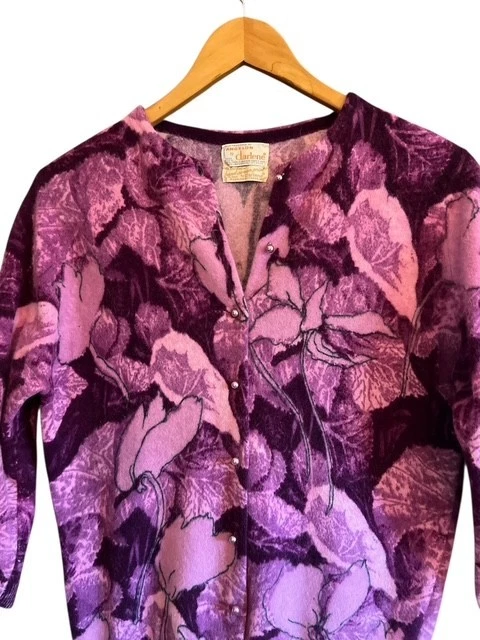 Дамы Sz S французский Angora кролика и ягненка шерсти фиолетовый розовый кардиган винтажный - Изображение 2 из 4