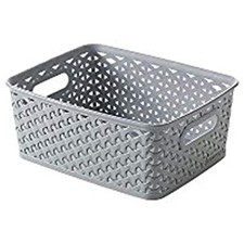 Curver Plastic Storage Basket Grey Rattan Effect Small Rectangular Tub Box