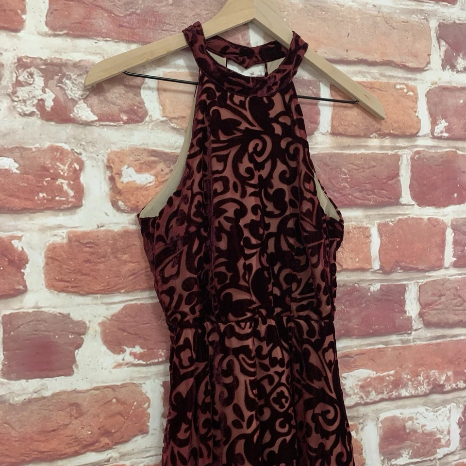 Foreign Exchange Halter Dress Womens S Burgundy Velvet Velour Burnout Evening - Image 3 of 4