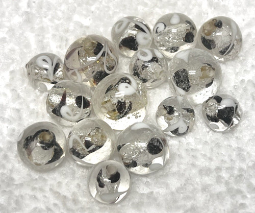 15 Vintage Art Glass Beads Black White Gold Incased in Clear Glass 1/2-3/8 inch